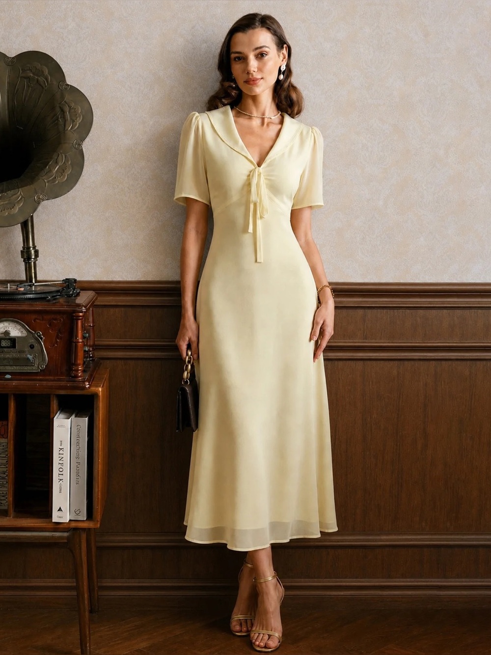 RIHOAS Pale Yellow Tie-Front Maxi Dress